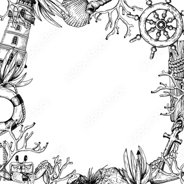 Fototapeta Marine themed frame with a lighthouse, ship wheel, lifebuoy, seashells, anchor, coral, crab. Vector illustration arranged in a hand drawn border design. Perfect for oceanic invitations, designs