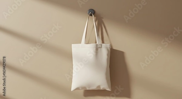 Fototapeta A blank off-white canvas tote bag hangs from a dark hook on a beige wall, with soft shadows from natural light.