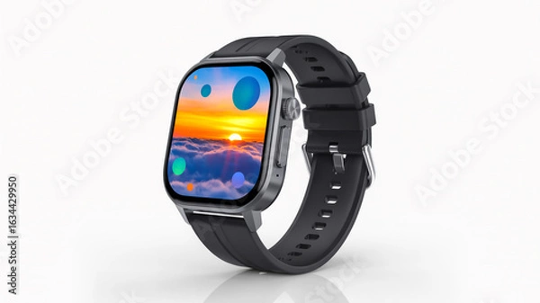 Fototapeta A product photo of a modern smartwatch with a square face and rounded corners against a white background. The watch has a black rubber band with silver buckle holes and a textured patter