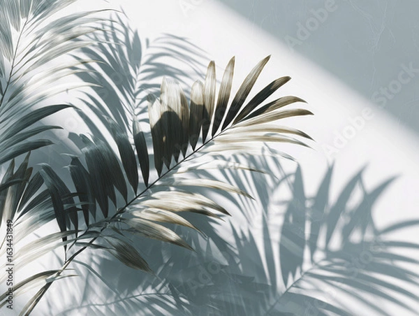 Obraz Close-up shot of aged green palm leaf with brown edges against a gradient backdrop white to grey Soft shadows from one-sided lighting Realistic, naturalistic style emphasizing detai - AI-Generated