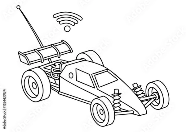 Obraz Toy RC car line drawing, angular design, antenna on top, no intricate parts, bold contours, coloring page for kids, plain background