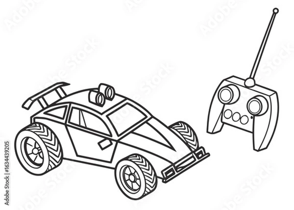 Obraz Toy RC car line drawing, angular design, antenna on top, no intricate parts, bold contours, coloring page for kids, plain background