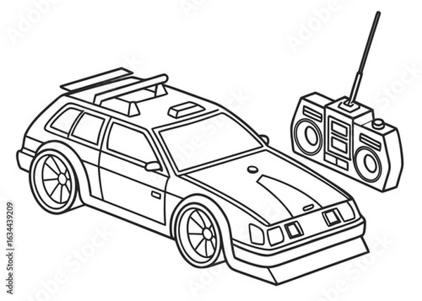 Obraz Toy RC car line drawing, angular design, antenna on top, no intricate parts, bold contours, coloring page for kids, plain background