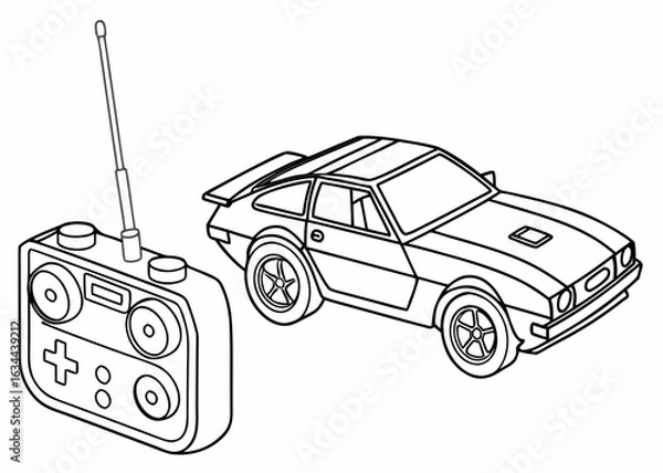 Obraz Toy RC car line drawing, angular design, antenna on top, no intricate parts, bold contours, coloring page for kids, plain background