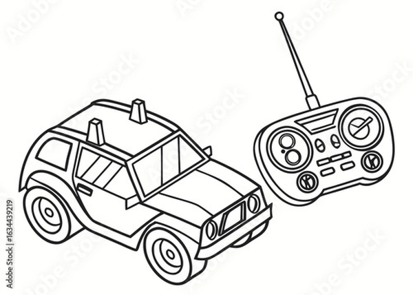 Obraz Toy RC car line drawing, angular design, antenna on top, no intricate parts, bold contours, coloring page for kids, plain background