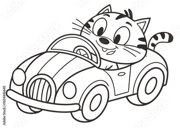 Obraz Whimsical car shaped like a cat, simple line art, playful design, kids coloring book style, thick outlines, no background elements