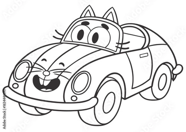 Obraz Whimsical car shaped like a cat, simple line art, playful design, kids coloring book style, thick outlines, no background elements