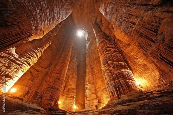 Obraz Cave interior, towering columns, golden light