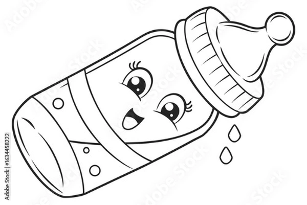 Obraz Coloring Pages, cartoon baby bottle with milk inside, cute style, colorless, uncolored, black and white for coloring book, coloring page, kids