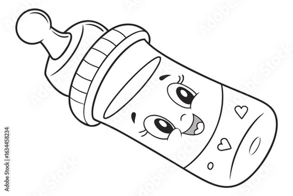 Obraz Coloring Pages, cartoon baby bottle with milk inside, cute style, colorless, uncolored, black and white for coloring book, coloring page, kids