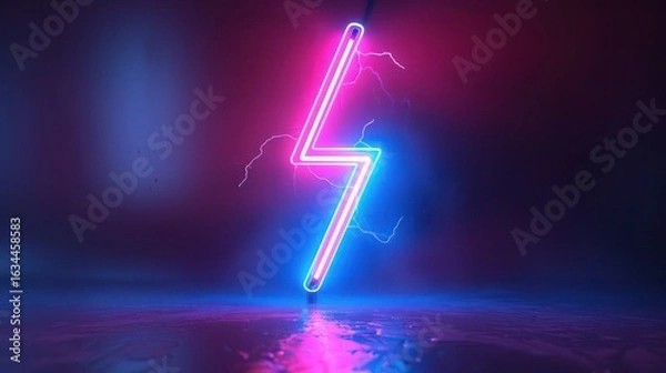 Fototapeta  a blue neon lightning bolt light standing upright on a white surface with a clean white background, 