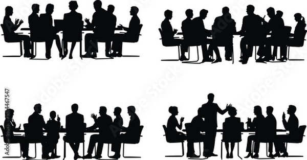 Fototapeta Silhouettes of business people in meeting, group discussion around conference table, teamwork, corporate collaboration, professional office setting, brainstorming, planning, diverse business team