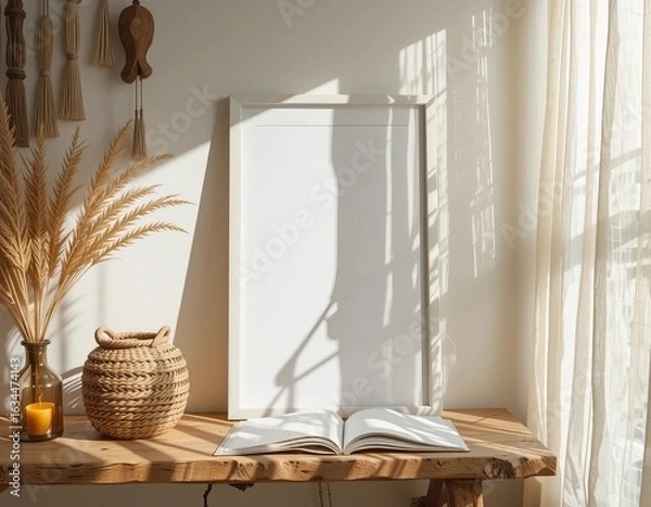Fototapeta Blank canvas frame on rustic table with dried flowers and open book, bathed in soft sunlight
