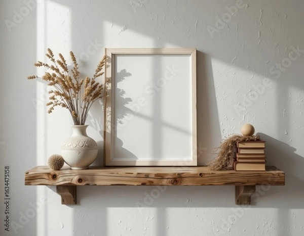 Fototapeta Empty wooden frame on a rustic shelf with dried flowers and books, bathed in soft sunlight.