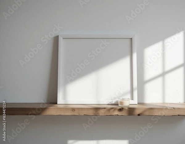 Fototapeta Minimalist white frame on a wooden shelf with soft sunlight and shadows