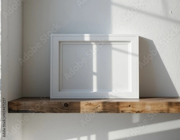 Fototapeta Blank white picture frame resting on a rustic wooden shelf with soft sunlight and shadows.