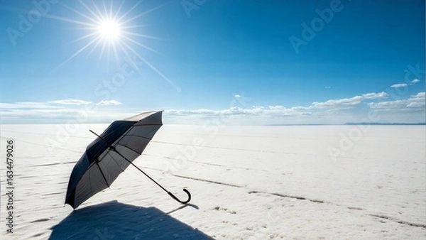 Fototapeta Solitary Open Umbrella on a Vast Desert-Like Misty Plain – Conceptual Minimalist Symbol of Solitude and Separation
