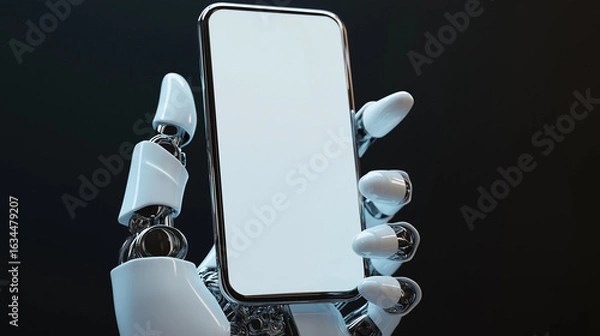 Obraz robot hand holding a mobile on a dark background