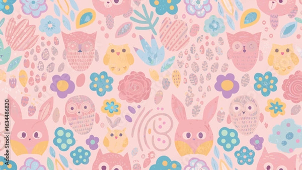 Fototapeta Pastel colored pattern featuring owls bunnies bears and flowers in a whimsical arrangement style design