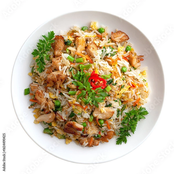 Fototapeta Chicken and vegetable fried rice served on transparent background