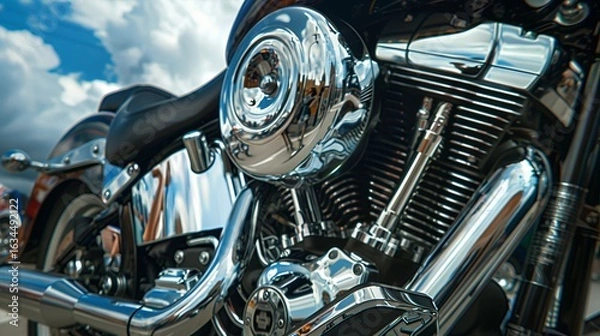 Fototapeta Chrome Motorcycle Engine Detail Against Sky