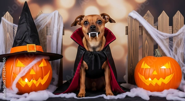 Fototapeta Dog dressed as vampire with pumpkins and witch hat for halloween