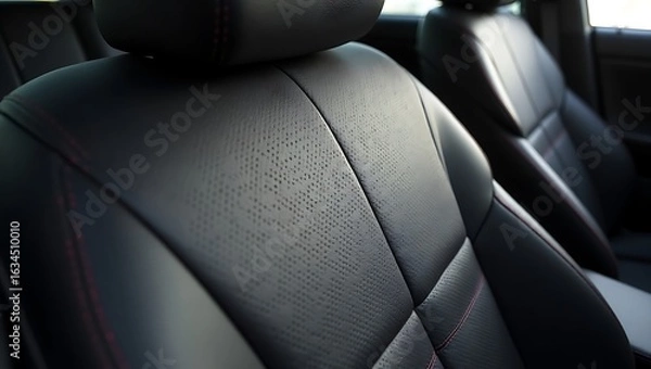 Fototapeta Close up of black leather car seats with perforated design and red stitching detail visible