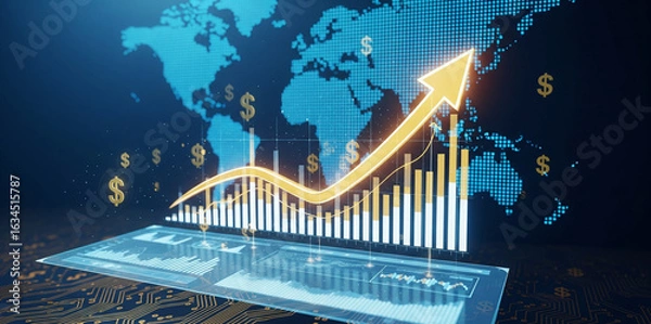 Fototapeta World Map with Rising Stock Chart