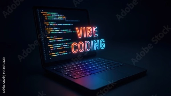 Fototapeta Sleek dark laptop glows with vibrant code and vibe coding text above keys, futuristic style and soft lighting add script runner, digital focus feel