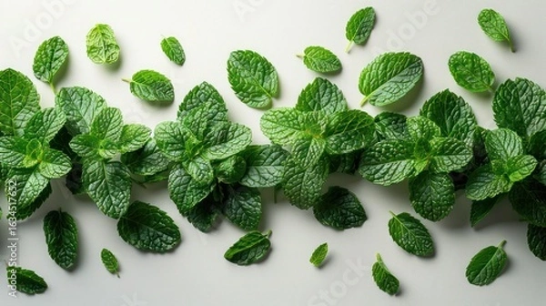Fototapeta  a few small green leaves placed gently in the top-left corner on a white background and white surface, illustration