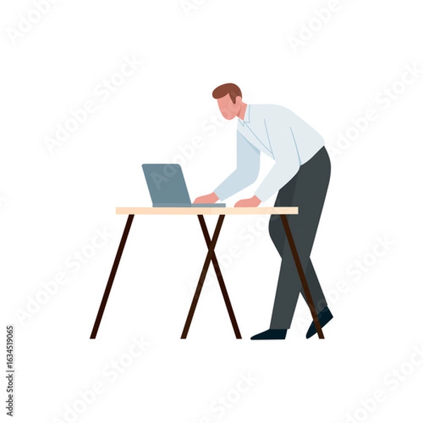 Fototapeta Young man with beard and tattoo before the laptop with question mark in think bubble and  finding new idea. Shiny light bulb. Flat style cartoon vector illustration. young man character vector holding