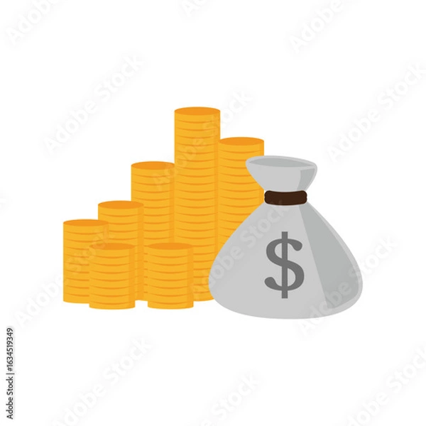 Fototapeta A vector of a shiny golden bag filled with coins symbolizes wealth and prosperity, featuring a dollar sign on the front. This evokes feelings of abundance and financial success