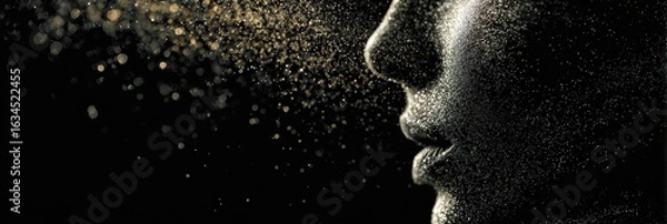 Fototapeta Silhouette of a Facial Profile With Sparkling Particles Representing Skin Renewal and Rejuvenation in a Darkened Setting