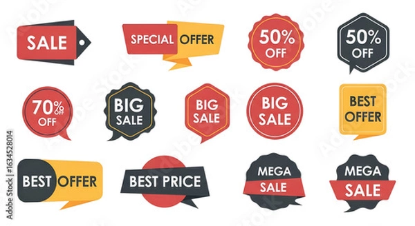 Fototapeta Collection of colorful sale and offer tags and banners isolated on transparent background