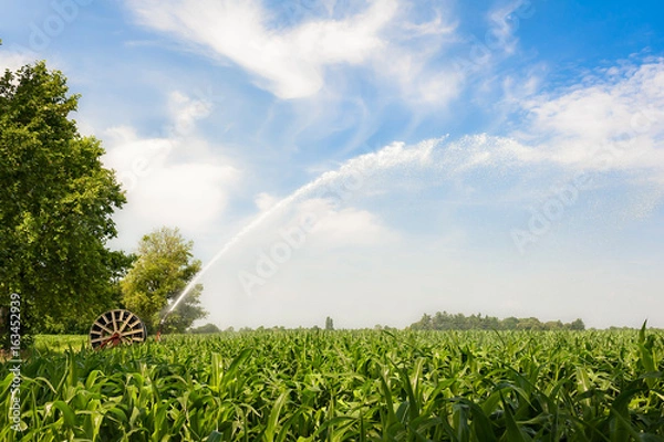 Obraz Water sprinkler installation in a field of corn.