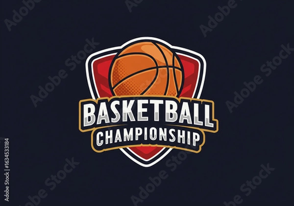 Fototapeta Basketball championship logo with ball and shield on a dark background for sports competition event design