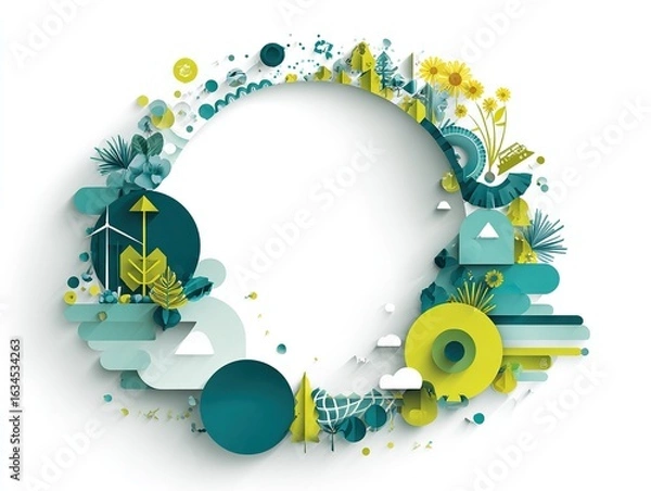 Obraz Circular Economy Diagram with Nature Elements: Flat Geometric Design in Teal and Lime for Environmental Reports and White Background Infographics