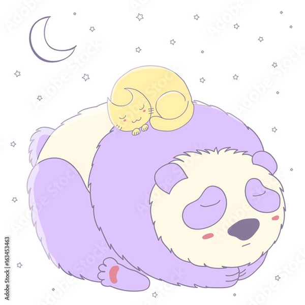 Obraz Hand drawn vector illustration of cute sleeping panda and curled up cat with moon and stars