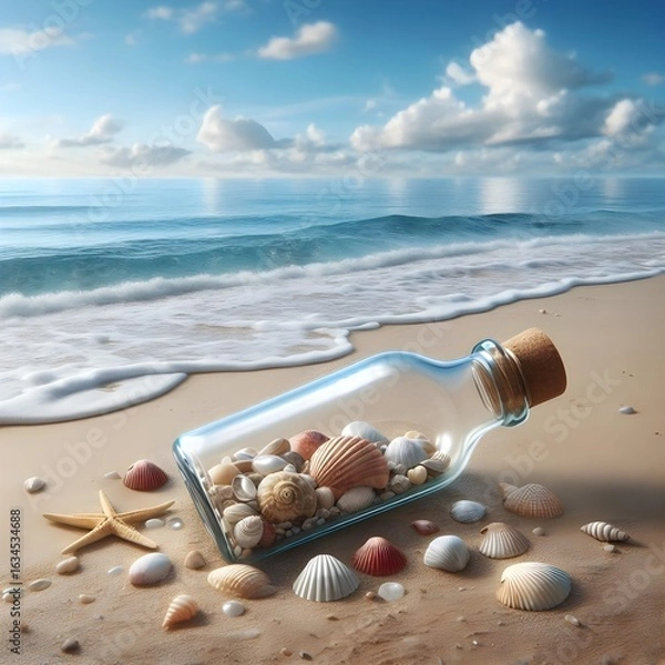 Fototapeta Beach-Themed Glass Bottle with Assorted Seashells.