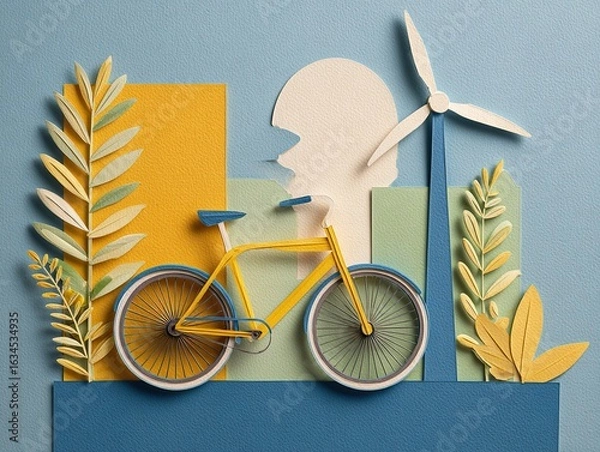 Obraz Sustainable Lifestyle Collage: Bicycle, Solar Panels and Windmill with Plant Frame in Paper Cut Effect and Color Blocking