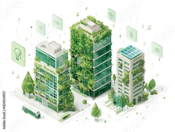 Obraz Eco Architecture Concept: Buildings with Living Walls and Floating Energy Icons in Isometric Grid for Urban Planning