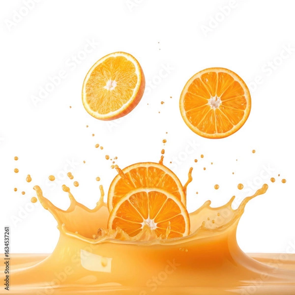 Fototapeta Fresh orange slices splashing into juice isolated on transparent background