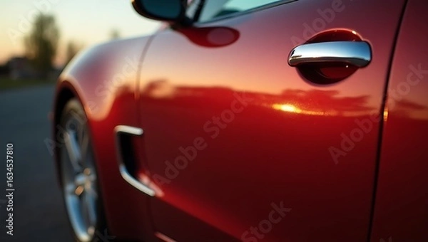 Fototapeta Close up of a red sports car door with a chrome handle reflecting the sunset light and the wheel