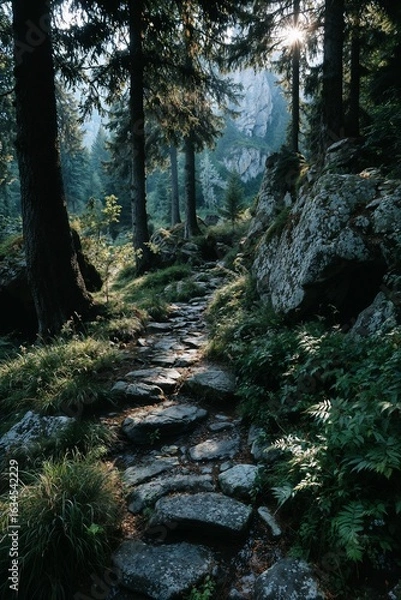 Fototapeta A serene forest with lush green moss-covered rocks and sunlight filtering through the trees