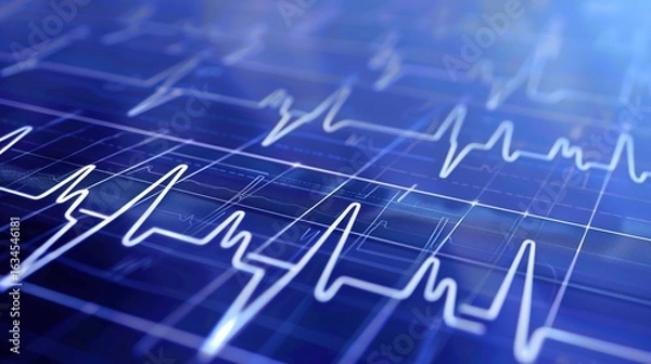 Fototapeta Comprehensive Guide to Electrocardiograms: Understanding Heart Rhythm Traces, ECG Waveforms, and Diagnostic Applications in Cardiology, Featuring Normal and Abnormal Patterns, Monitoring Techniques