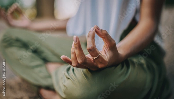 Obraz Mindful meditation with hand in gyan mudra outdoors, AI generated.