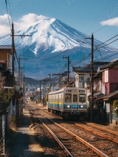 Fototapeta Railway scene with traditional homes and Mount Fuji