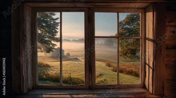 Fototapeta View from a rustic farmhouse window overlooking foggy meadows and early sunlight