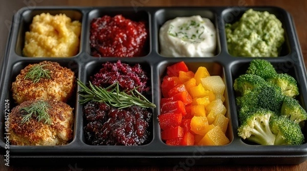 Fototapeta A colorful array of healthy dishes presented in a divided tray, showcasing a variety of textures and flavors that appeal to the senses.