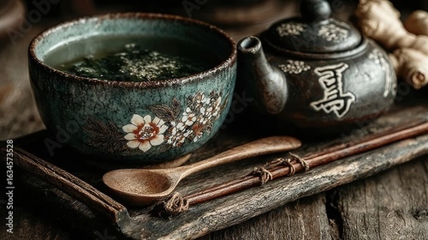 Fototapeta A rustic wooden tray holds an intricately designed teapot, a delicate bowl of green tea, and a wooden spoon, evoking warmth and relaxation.